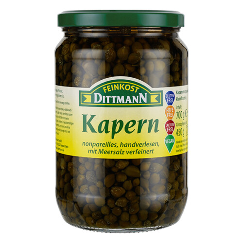 Feinkost Dittmann Kapern Nonpareilles handverlesen mit Meersalz verfeinert im Glas 450 g