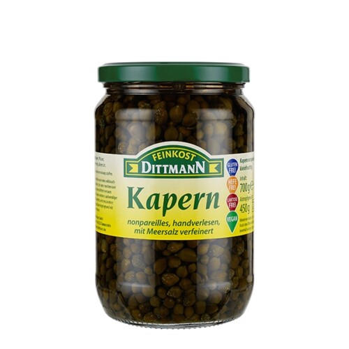 Feinkost Dittmann Kapern Nonpareilles handverlesen mit Meersalz verfeinert im Glas 450 g