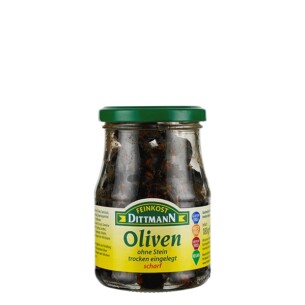 Feinkost Dittmann Oliven schwarz ohne Stein trocken eingelegt scharf im Glas 180 g