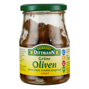 Feinkost Dittmann Oliven grün ohne Stein trocken eingelegt scharf im Glas 170 g