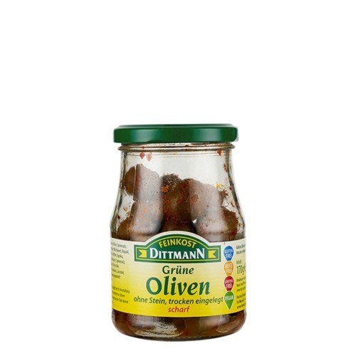 4008 Feinkost Dittmann Oliven gruen ohne Stein trocken eingelegt scharf 170g