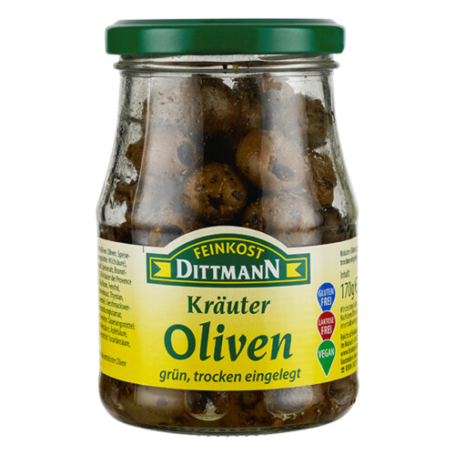 Feinkost Dittmann Kräuteroliven grün ohne Stein trocken eingelegt im Glas 170 g