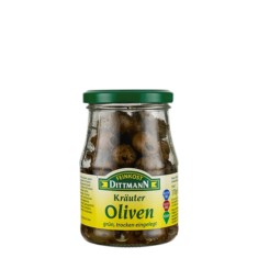 Feinkost Dittmann Kräuter Oliven grün ohne Stein trocken eingelegt im Glas 170 g
