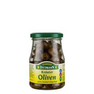 Feinkost Dittmann Kräuter Oliven grün ohne Stein trocken eingelegt im Glas 170 g