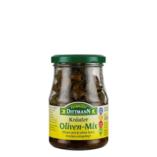 Feinkost Dittmann Kräuter Oliven Mix Oliven mit und ohne Stein trocken eingelegt im Glas 200 g