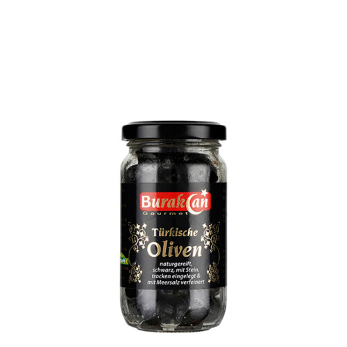 Burak Can Türkische Oliven naturgereift schwarz mit Stein trocken eingelegt mit Meersalz verfeinert im Glas 120 g