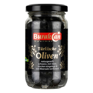 Burak Can Türkische Oliven naturgereift schwarz mit Stein trocken eingelegt mit Meersalz verfeinert im Glas 120 g