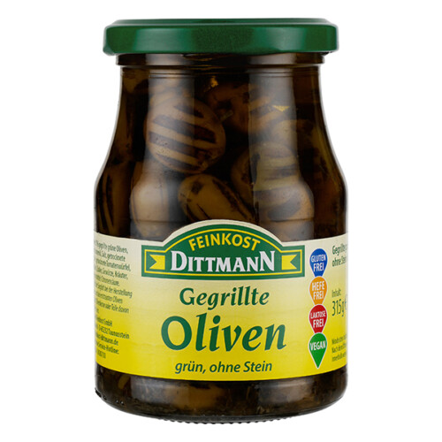 Feinkost Dittmann gegrillte Oliven grün ohne Stein im Glas 160g