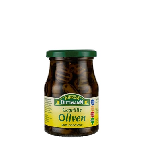 Feinkost Dittmann gegrillte Oliven grün ohne Stein im Glas 315 g