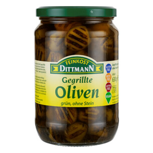 Feinkost Dittmann gegrillte Oliven grün ohne Stein im Glas 330 g