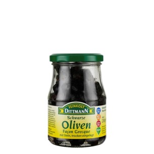 Feinkost Dittmann Oliven Facon Grecque schwarz mit Stein trocken eingelegt im Glas 230 g