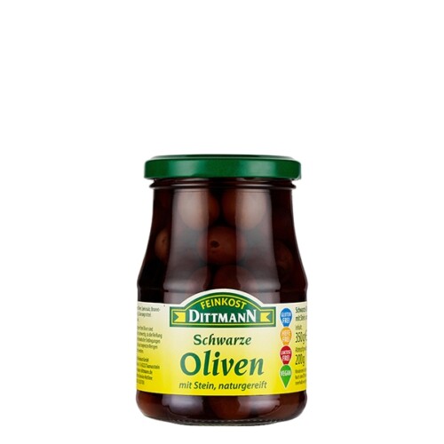 Feinkost Dittmann schwarze Oliven naturgereift mit Stein im Glas 200 g