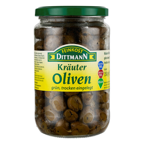 Feinkost Dittmann Kräuteroliven trocken eingelegt grün im Glas 350 g