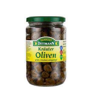 Feinkost Dittmann Kräuter Oliven grün ohne Stein trocken eingelegt im Glas 350 g