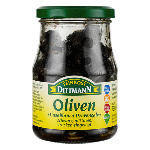 Feinkost Dittmann Oliven Casablanca Provencale schwarz mit Stein trocken eingelegt im Glas 230 g