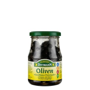 Feinkost Dittmann Oliven Casablanca Provencale schwarz mit Stein trocken eingelegt im Glas 230 g