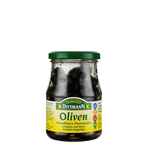 Feinkost Dittmann Oliven Casablanca Provencale schwarz mit Stein trocken eingelegt im Glas 230 g