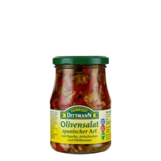 Feinkost Dittmann Olivensalat spanischer Art mit Paprika Artischocken und Pfefferonen im Glas 220 g
