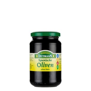 Feinkost Dittmann Schwarze Spanische Oliven ohne Stein im Glas 155 g
