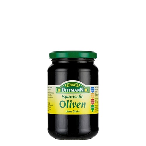 Feinkost Dittmann Schwarze Spanische Oliven ohne Stein im Glas 155 g