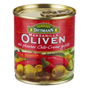 Feinkost Dittmann Manzanilla Oliven grün gefüllt mit Chili-Creme in der Dose 85 g