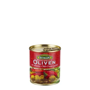 Feinkost Dittmann Manzanilla Oliven gefüllt mit pikanter Chilicreme in der Dose 85 g