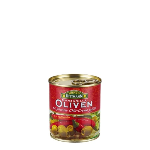 Feinkost Dittmann Manzanilla Oliven gefüllt mit pikanter Chilicreme in der Dose 85 g