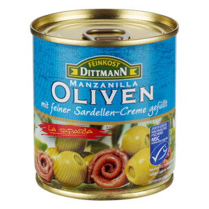 Feinkost Dittmann Manzanilla Oliven grün gefüllt mit feiner MSC Sardellen-Creme in der Dose 85 g