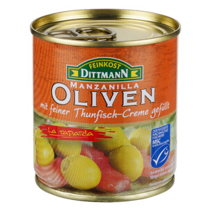Feinkost Dittmann Manzanilla Oliven grün gefüllt mit feiner MSC Thunfisch-Creme in der Dose 85 g