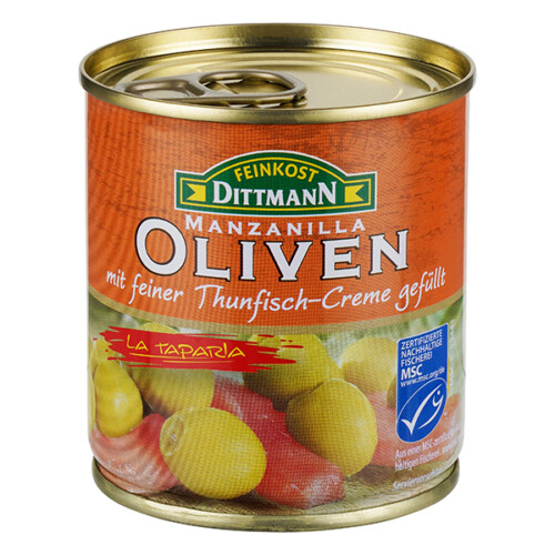 Feinkost Dittmann Manzanilla Oliven grün gefüllt mit feiner MSC Thunfisch-Creme in der Dose 85 g