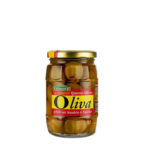 Feinkost Dittmann Oliva Queens Oliven gefüllt mit Mandeln und Paprika im Glas 185 g