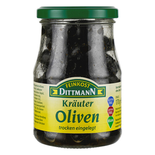 Feinkost Dittmann Kräuter Oliven schwarz ohne Stein 170g – Bild 2