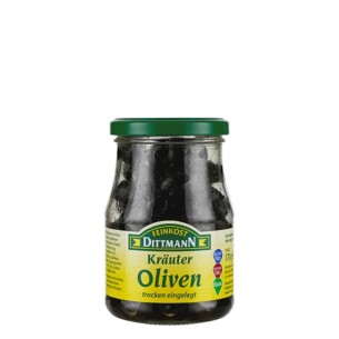 Feinkost Dittmann Kräuter Oliven schwarz trocken eingelegt im Glas 170 g