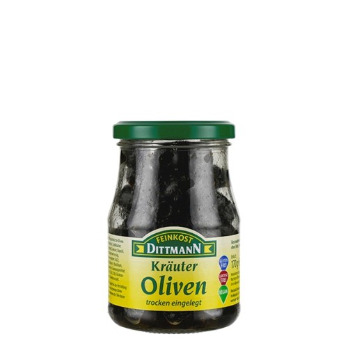 4296 Feinkost Dittmann Kräuter Oliven schwarz ohne Stein 170g
