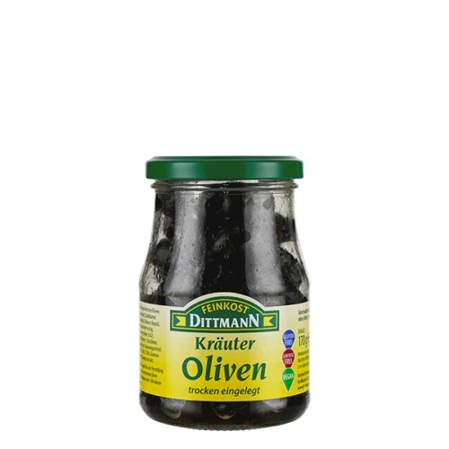Feinkost Dittmann Kräuter Oliven schwarz trocken eingelegt im Glas 170 g