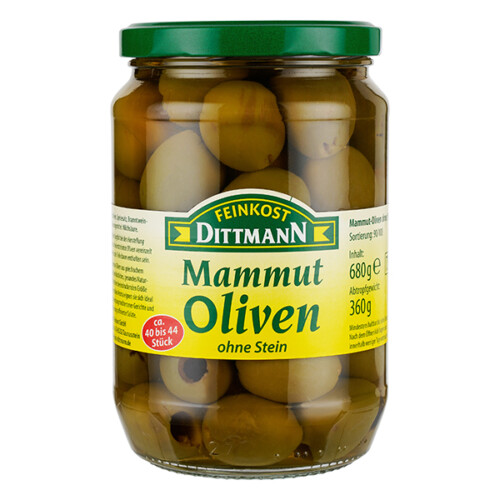 Feinkost Dittmann Mammut Oliven ohne Stein grün im Glas 360 g