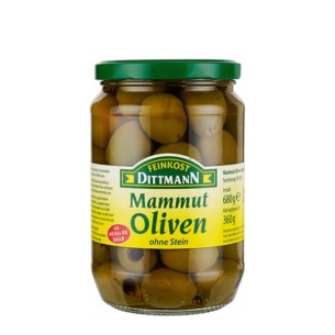 4305 Feinkost Dittmann Mammut Oliven grün ohne Stein 360g