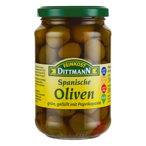 Feinkost Dittmann Spanische Oliven gefüllt mit Paprikapaste grün im Glas 200 g