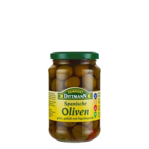 4315 Feinkost Dittmann Oliven grün gefüllt mit Paprikapaste 200g