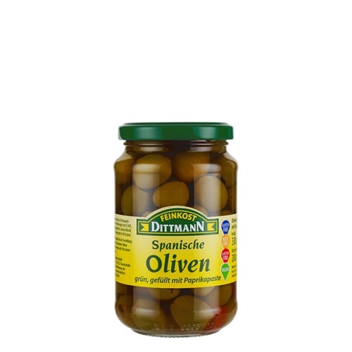 4315 Feinkost Dittmann Oliven grün gefüllt mit Paprikapaste 200g