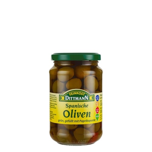 Feinkost Dittmann Oliven grün gefüllt mit Paprikapaste im Glas 200 g