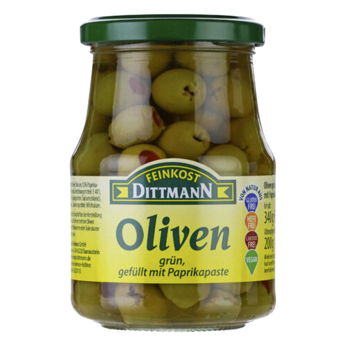 Feinkost Dittmann Oliven grün gefüllt mit Paprikapaste 200g