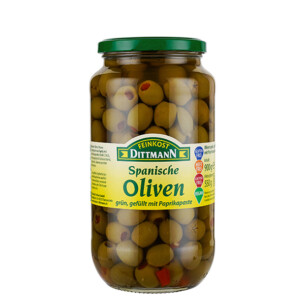 Feinkost Dittmann Oliven grün gefüllt mit Paprikapaste im Glas 550 g