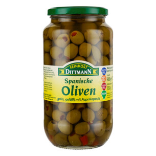 Feinkost Dittmann spanische Oliven gefüllt mit Paprikapaste grün im Glas 550 g