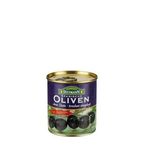 Feinkost Dittmann Oliven schwarz trocken ohne Stein in der Dose 85 g