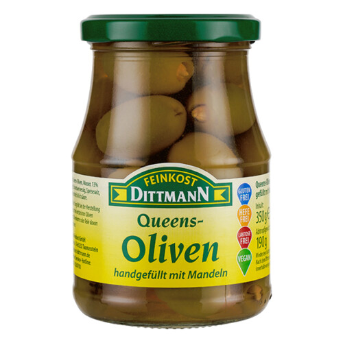 Feinkost Dittmann Queens Oliven handgefüllt mit Mandeln im Glas 190 g