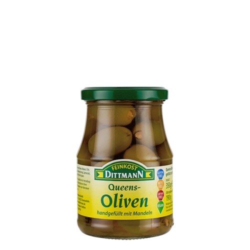 Feinkost Dittmann Queens Oliven gefüllt mit Mandeln im Glas 190 g