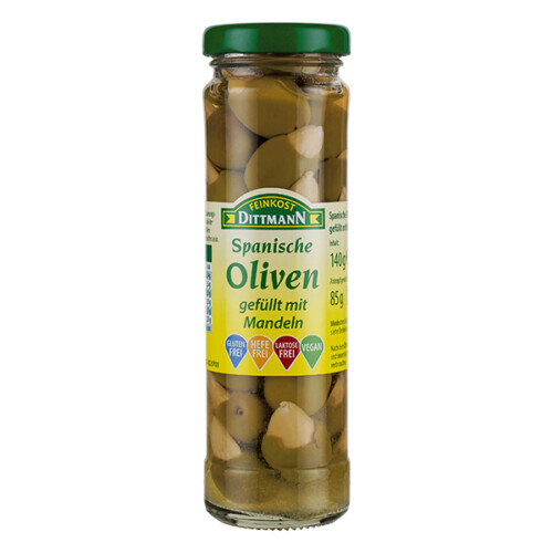Feinkost Dittmann spanische Oliven gefüllt mit Mandeln grün im Glas 85 g