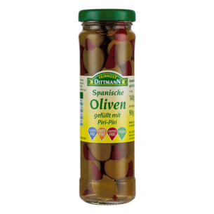 Feinkost Dittmann spanische Oliven gefüllt mit Piri-Piri grün im Glas 90 g
