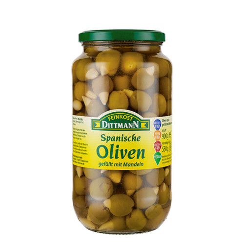 4470 Feinkost Dittmann Oliven grün gefüllt mit Mandeln 550g